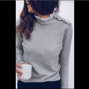 New Gray Long Sleeve Lace Neck Blouse